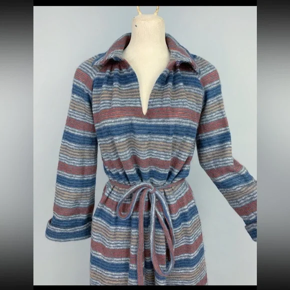 VTG Missoni 70s 80s wool stripe collared maxi dress 42 medium POCKETS - Picture 6 of 16